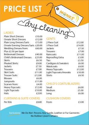 Price List Dry-Cleaning - MONKS Dry Cleaning and Laundry Services