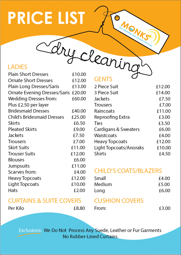 Price List Dry Cleaning MONKS Dry Cleaning And Laundry Services