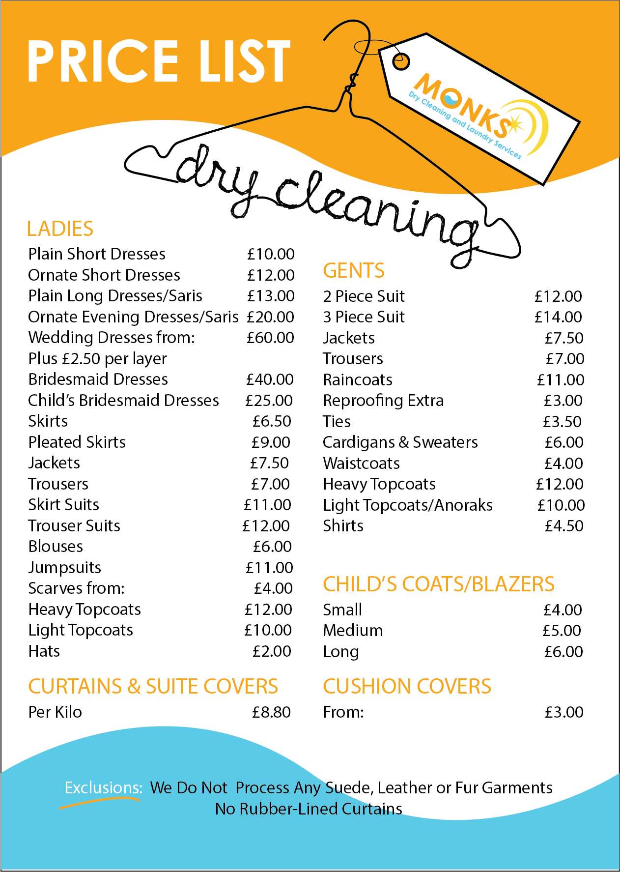 Price List DryCleaning MONKS Dry Cleaning and Laundry Services